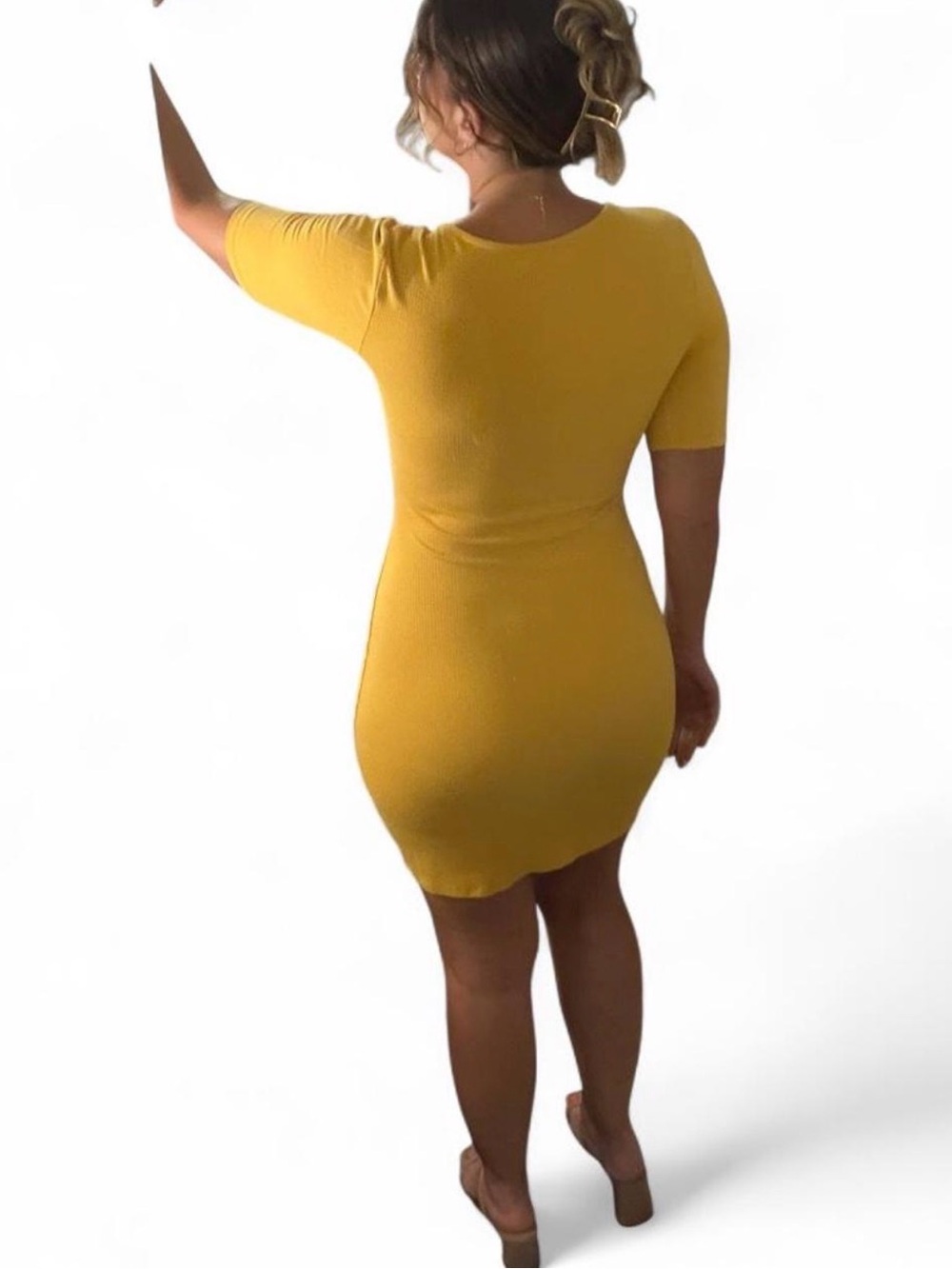 Abercrombie & Fitch Mustard Yellow Ribbed Mini Dress Medium Tall - Picture 2 of 5